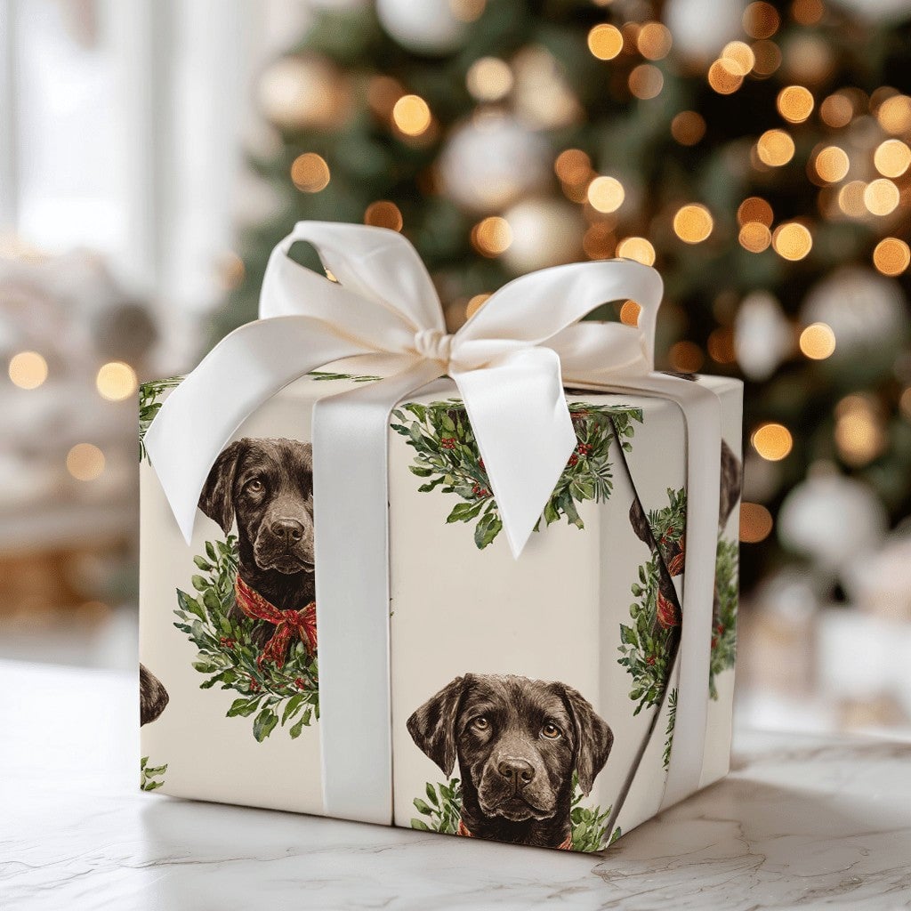Dog Wreath Holiday Gift Wrap, Chocolate Lab Christmas Wrapping Paper, Labrador Retriever Christmas Wrapping Paper, Pet Lover 