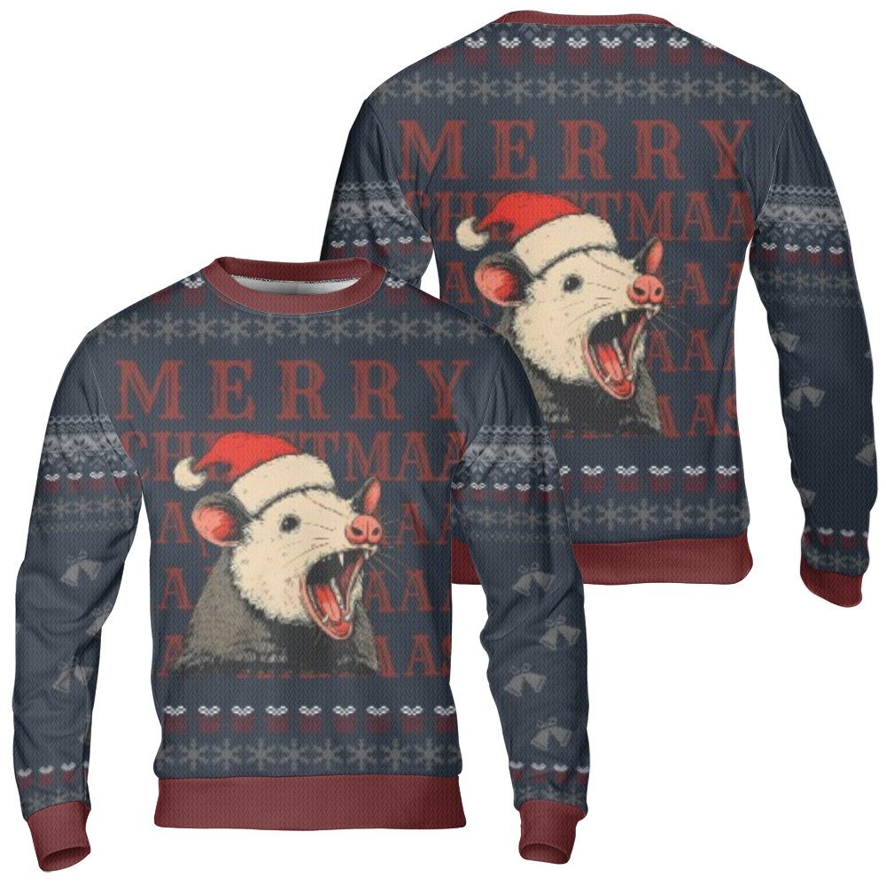 Humorous Trash Animal Holiday Crewneck, Screaming Possum Ugly Christmas Sweater, Sarcastic Possum Opossum Jumper, Xmas Humor 