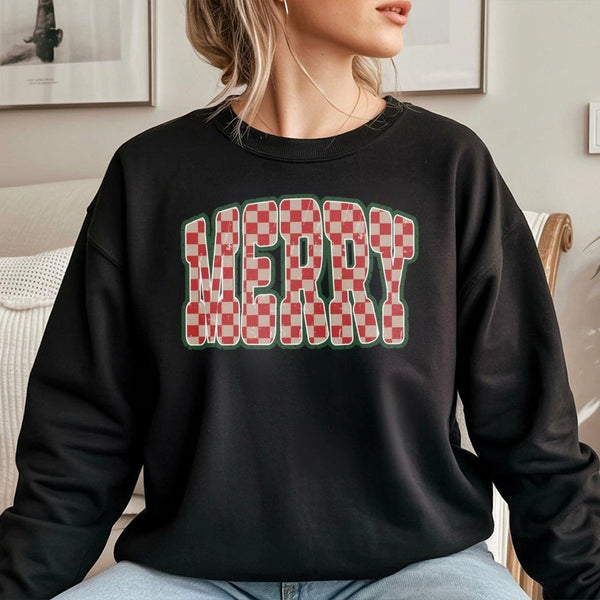Retro Checkered Holiday Crewneck, Merry Christmas Sweatshirt, Vintage Christmas Sweater, Festive Winter Pullover, Family Holi