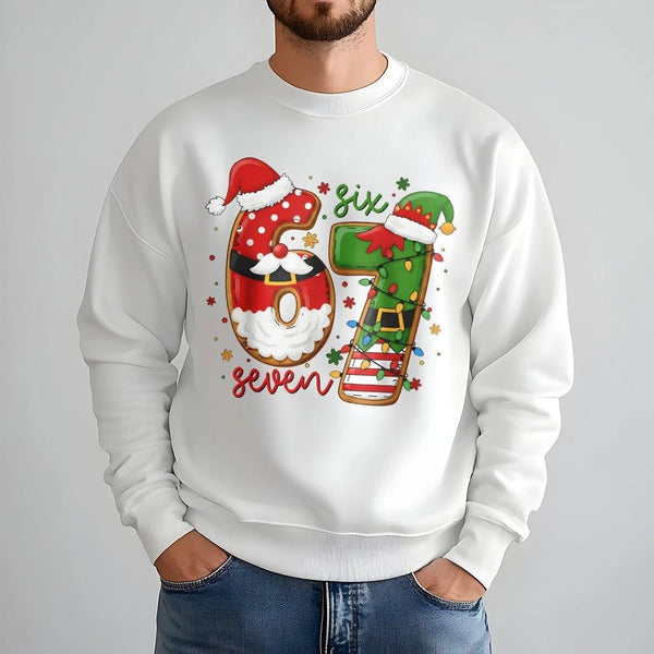 Humorous Santa and Elf Holiday Sweater, 67 Christmas Sweatshirt, Retro Xmas Party Crewneck, Festive Graphic Pullover, Winter 