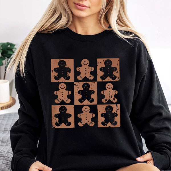 Retro Checkered Holiday Sweater, Gingerbread Man Sweatshirt, Adorable Xmas Gingerbread Pullover, Comfy Winter Crewneck, Chris