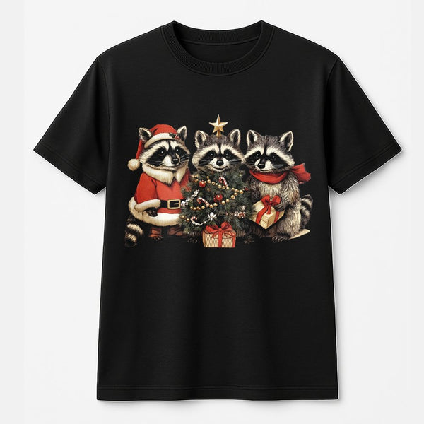 Adorable Woodland Animal Santa Hat Shirt, Raccoon Christmas T-Shirt, Humorous Raccoon Holiday Graphic Tee, Festive Animal Lov
