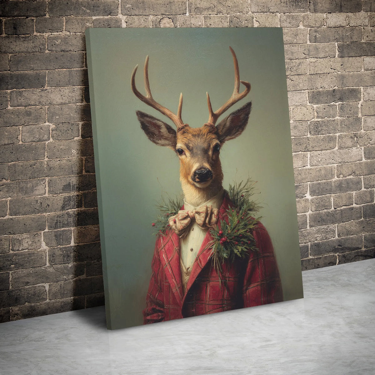Vintage Christmas Buck Portrait Print, Dapper Deer Red Plaid Suit Canvas Wall Art, Rustic Holiday Lodge Decor, Winter Cabin P