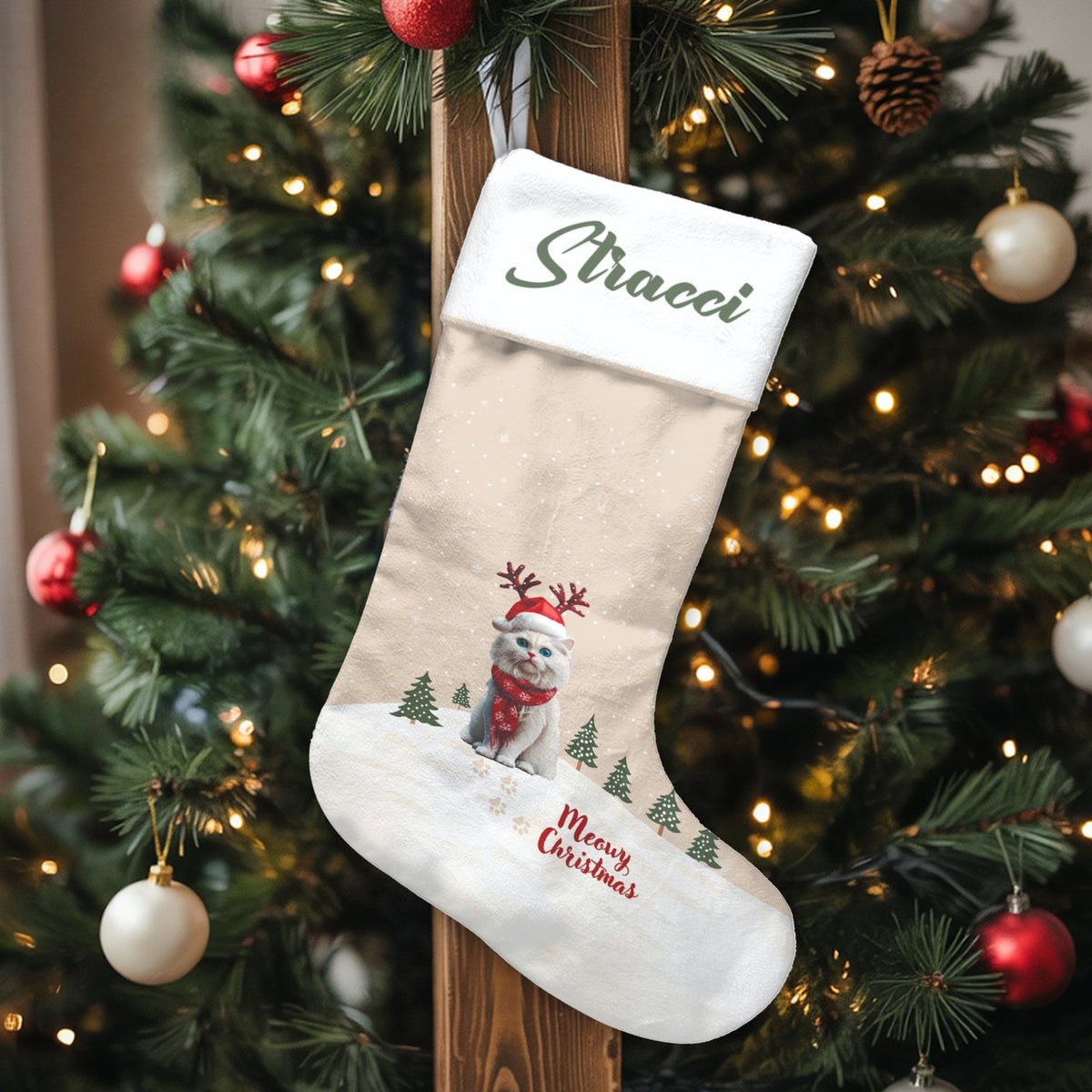 Custom Cat Christmas Stocking, Personalized Reindeer Cat Christmas Stocking, Adorable Pet Holiday Stocking, Velboa Fabric Xma