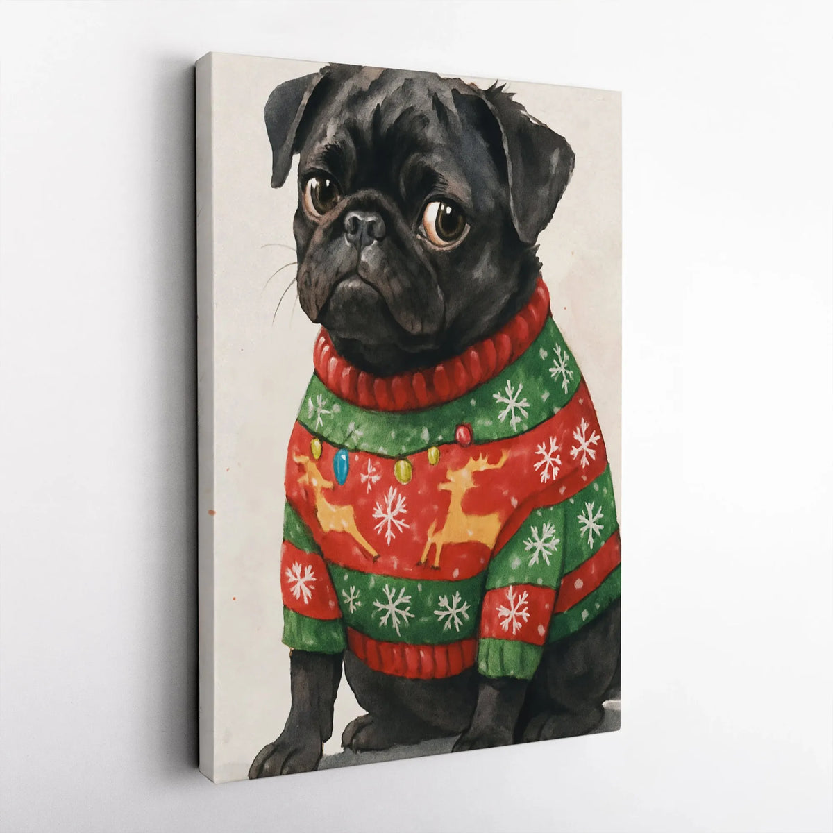 Ugly Sweater Pug Dog Canvas Print, Black Pug Christmas Canvas Wall Art, Holiday Pet Wall Decor, Adorable Christmas Animal Lov