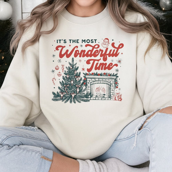 Vintage Tree Holiday Sweatshirt, Most Wonderful Time Christmas Sweatshirt, Comfy Fireplace Graphic Crewneck, Festive Winter S