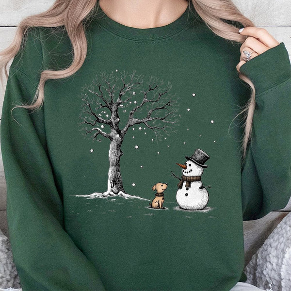 Adorable Winter Holiday Puppy Sweater, Dog and Snowman Sweatshirt, Festive Xmas Pet Lover Crewneck, Seasonal Christmas Animal