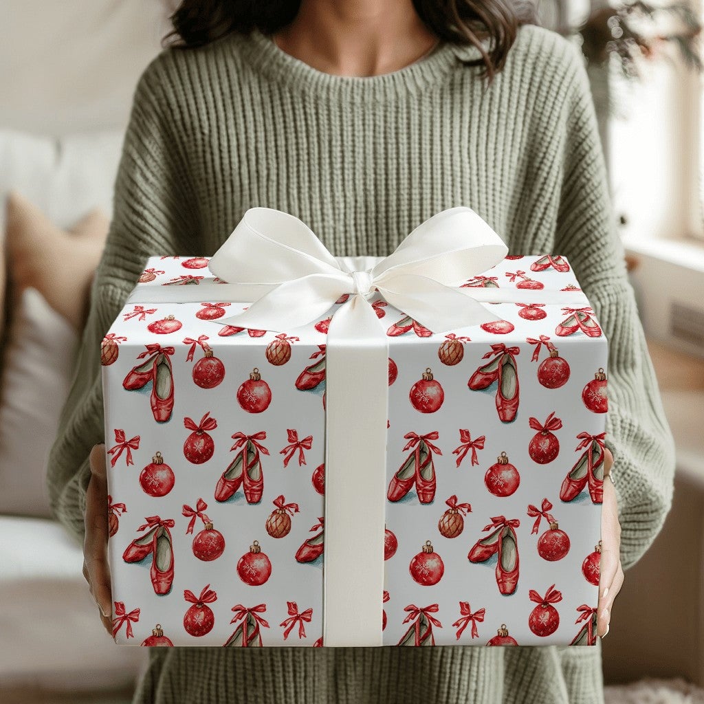 Christmas Nutcracker Gift Wrap, Ballet Pointe Shoes Wrapping Paper, Red Ribbon Holiday Wrapping Paper, Ballerina Dancer Gift 