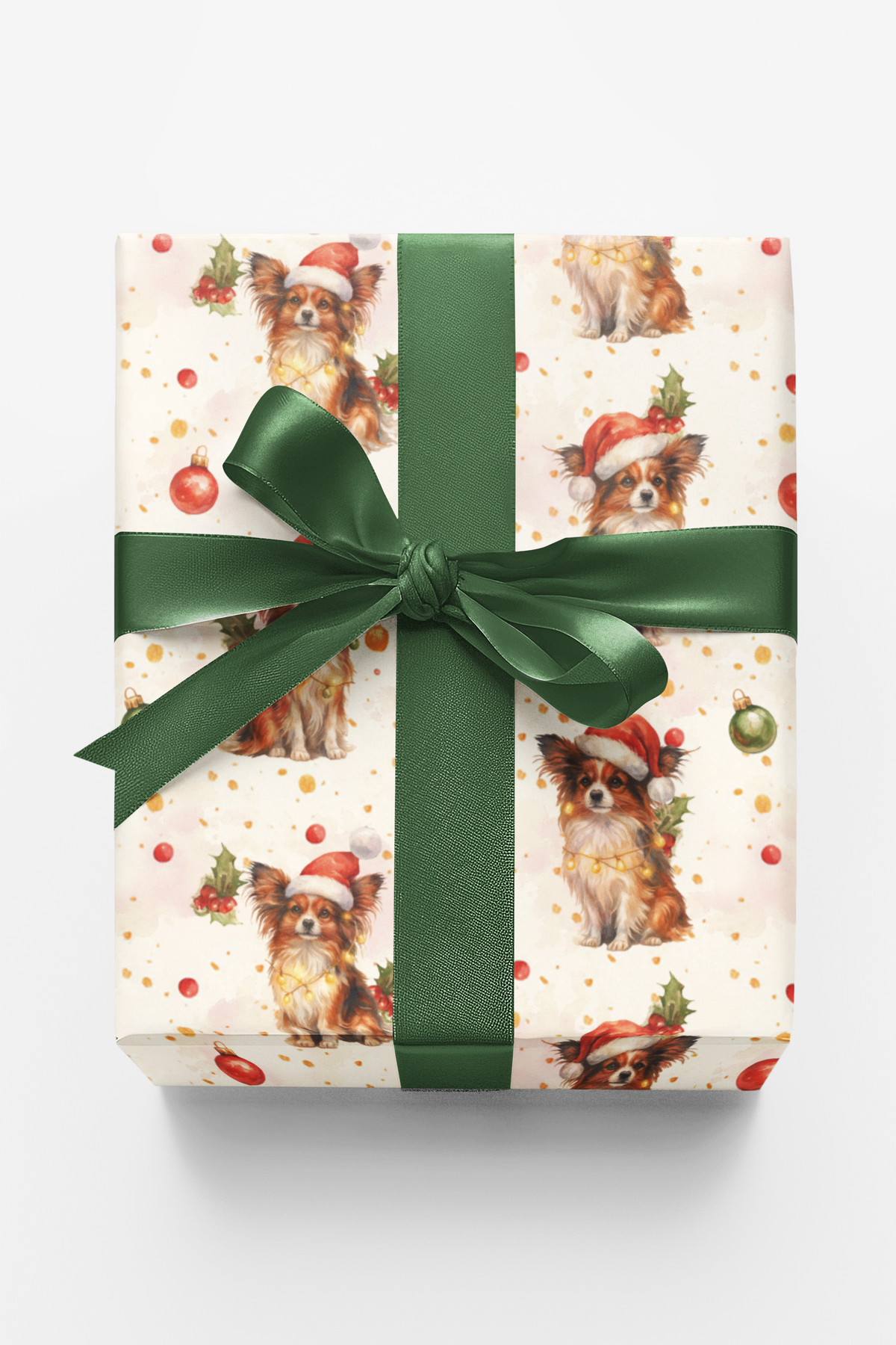 Santa Hat Holiday Gift Wrap, Papillon Dog Christmas Wrapping Paper, Adorable Butterfly Dog Wrapping Paper, Festive Winter Pet