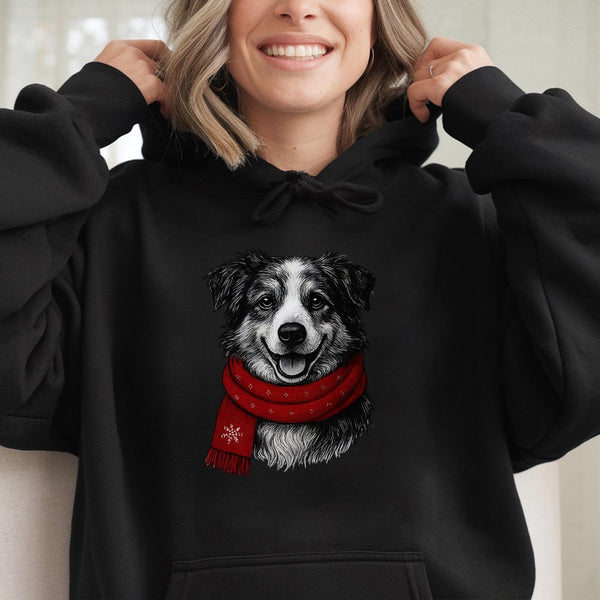 Adorable Puppy Red Scarf Hoodie, Christmas Dog Hoodie, Festive Holiday Dog Lover Hoodie, Comfy Pet Animal Sweatshirt, Adorabl