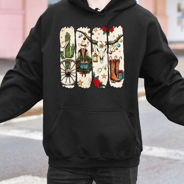 Cowgirl Holiday Graphic Sweatshirt, Western Christmas Boots Hoodie, Festive Rodeo Xmas Tree Pullover, Southern Christmas Pres