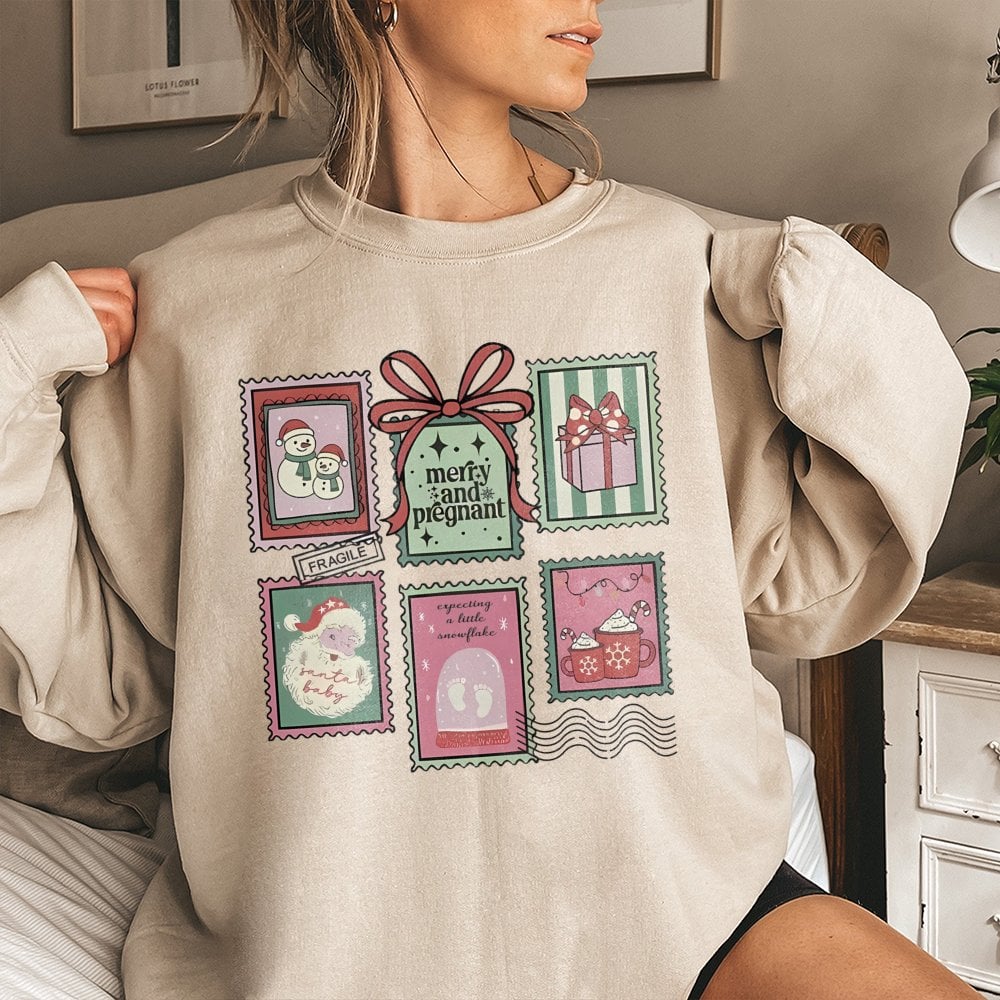 Adorable Postage Stamp Holiday Sweatshirt, Merry and Pregnant Christmas Sweatshirt, Baby Announcement Sweatshirt, Expecting M