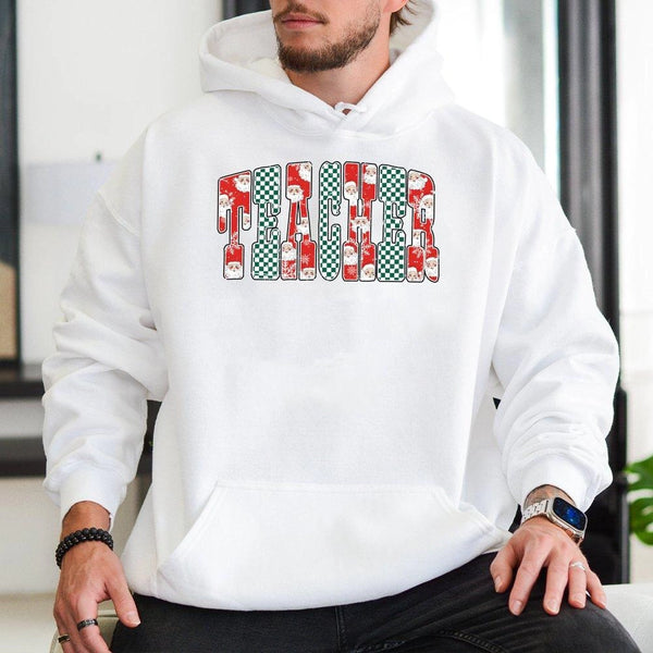 Santa Checkered Holiday Sweatshirt, Teacher Christmas Hoodie, Festive Educator Pullover, Adorable Teacher Xmas Hooded Sweater