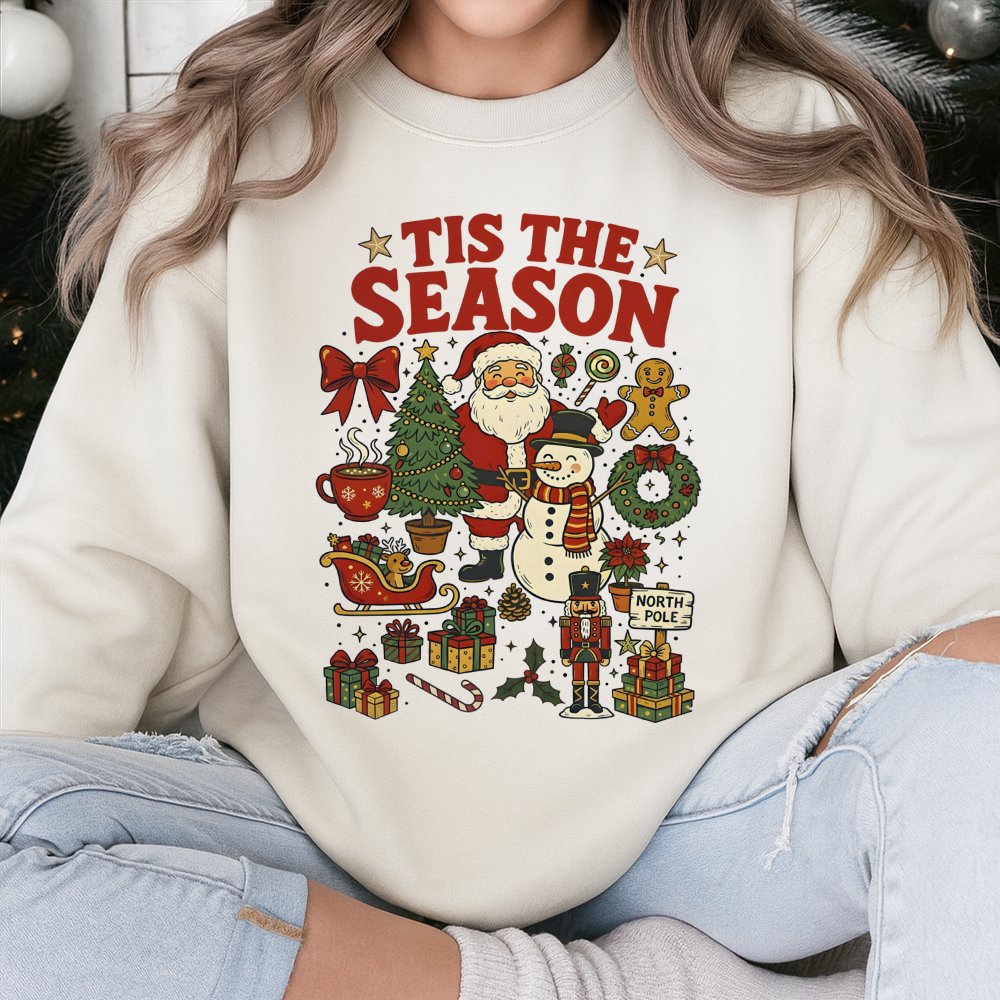 Vintage Santa and Snowman Sweatshirt, Tis the Season Christmas Sweatshirt, Retro Holiday Season Sweater, Nostalgic Xmas Crewn