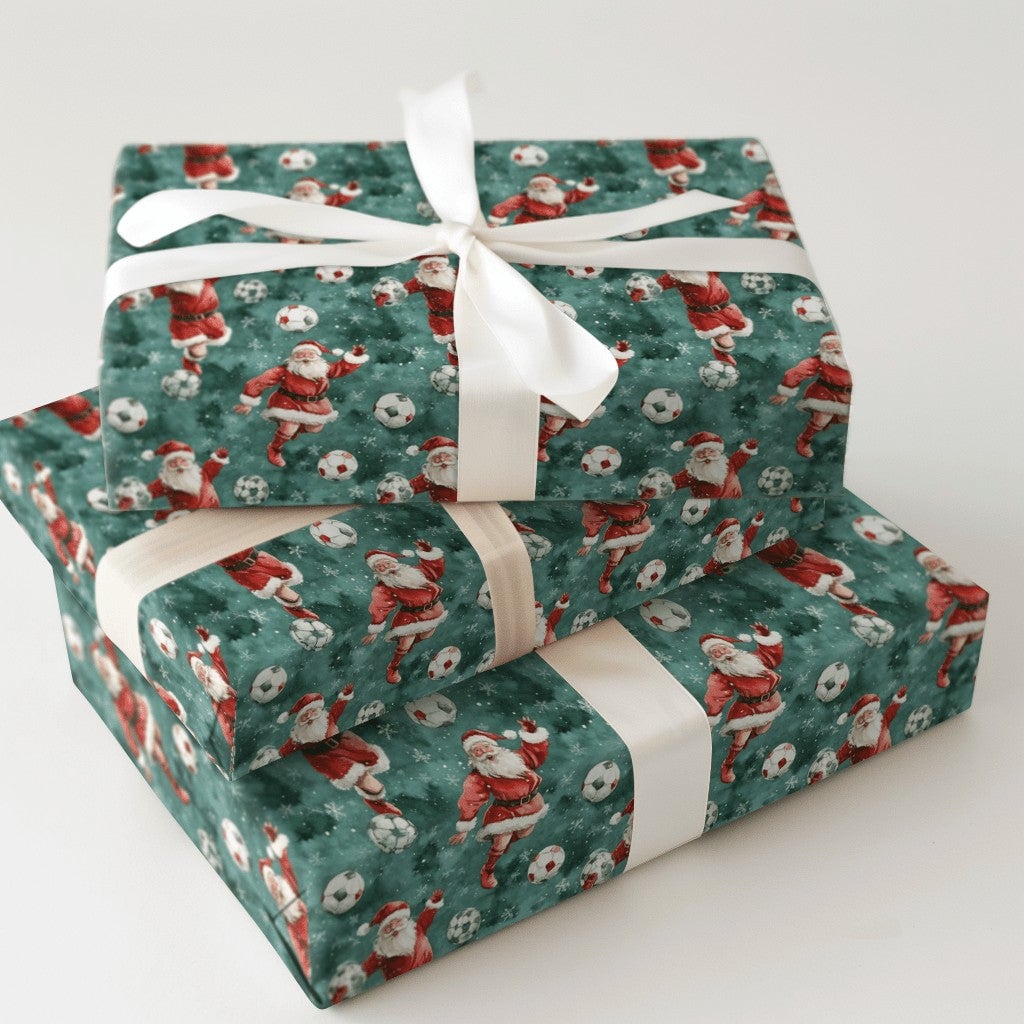 Sports Santa Holiday Gift Wrap Roll, Soccer Santa Christmas Wrapping Paper, Football Player Present Paper, Athletic Kid Gift 