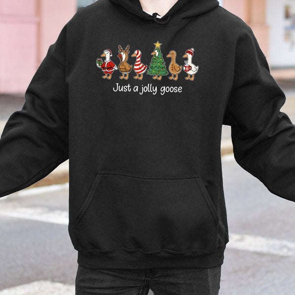 Adorable Holiday Geese Hoodie, Jolly Goose Christmas Hoodie, Humorous Xmas Animal Hooded Sweatshirt, Festive Goose Pullover H