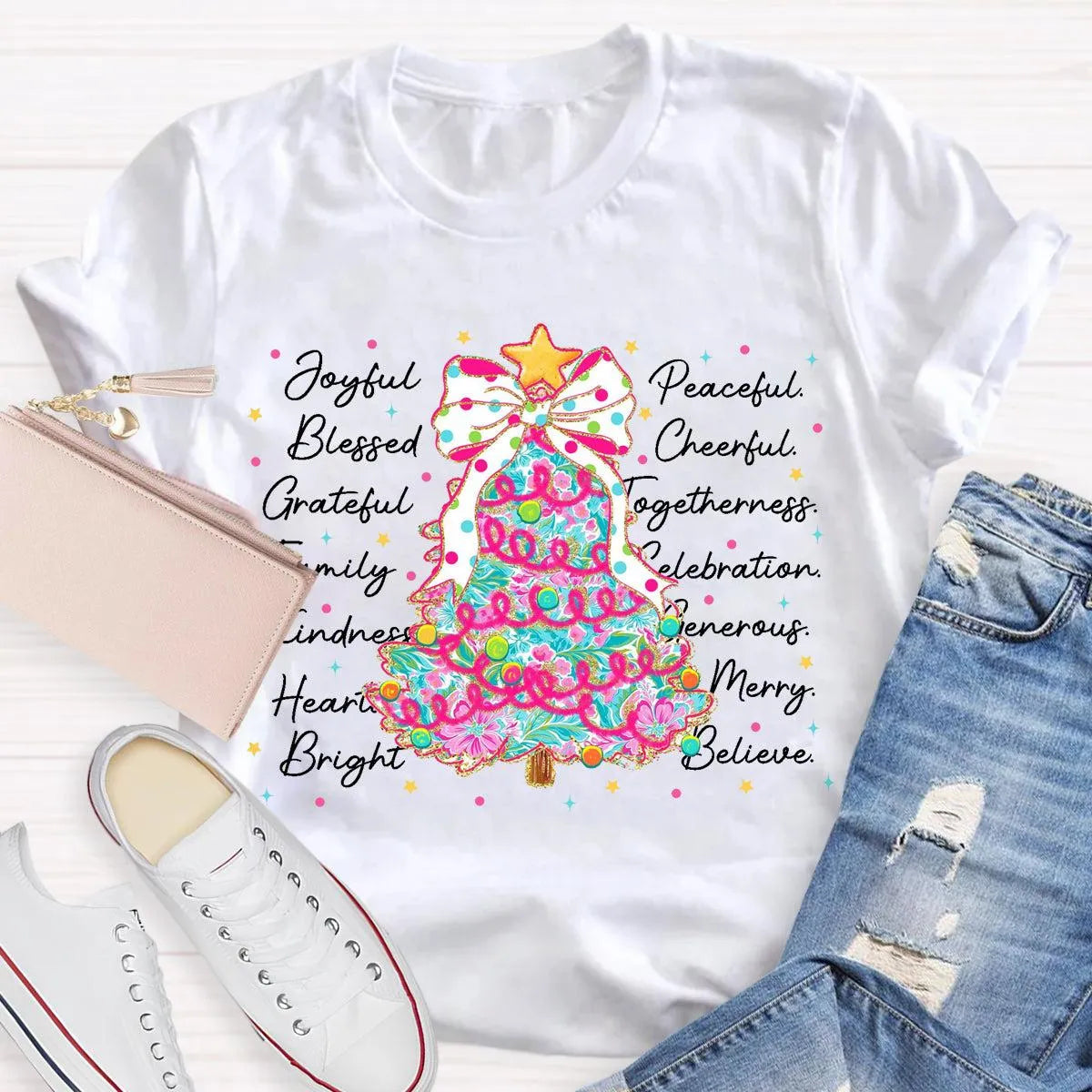 Aesthetic Holiday Graphic Tee, Joyful Peaceful Cheerful Christmas Tree T-Shirt, Retro Xmas Tree Shirt, Festive Winter Holiday