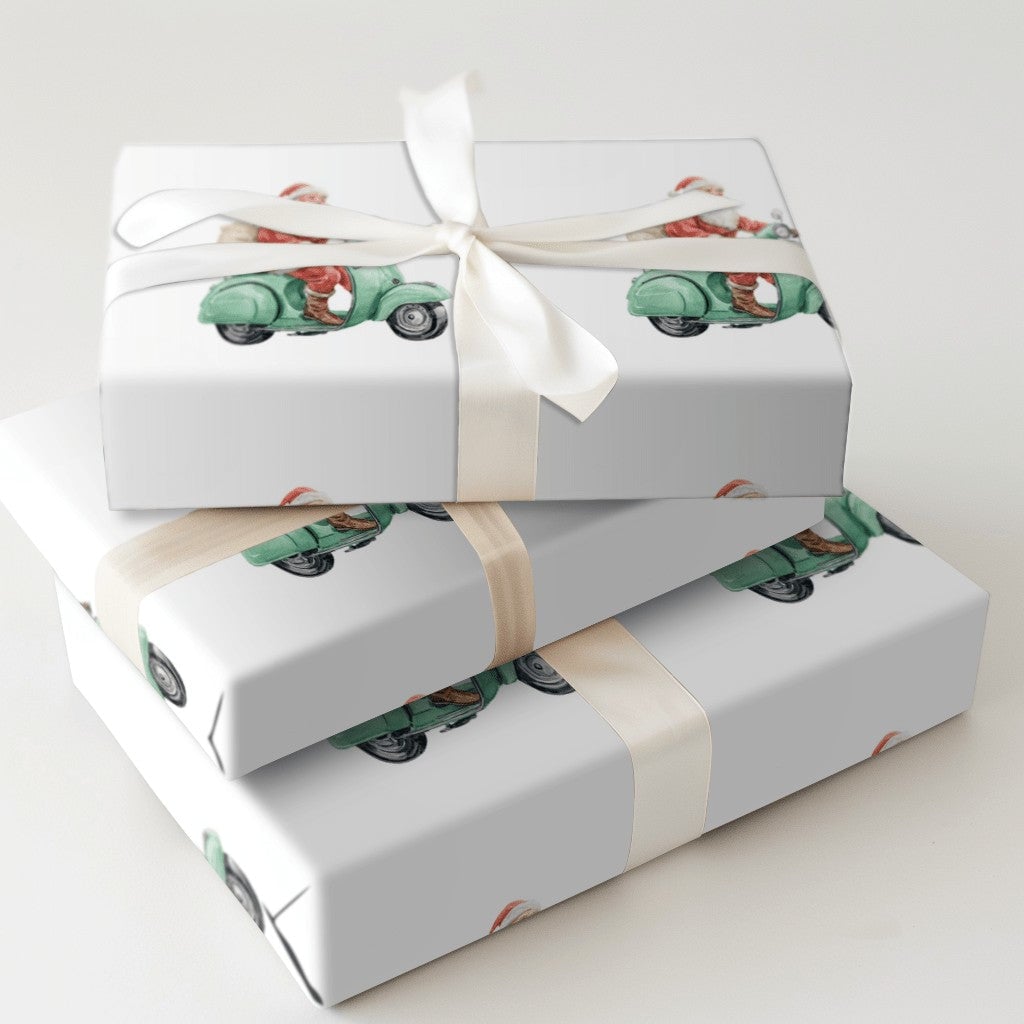 Mint Green Holiday Gift Wrap, Retro Santa Scooter Wrapping Paper, Adorable Christmas Wrapping Paper, Whimsical Winter Wrappin
