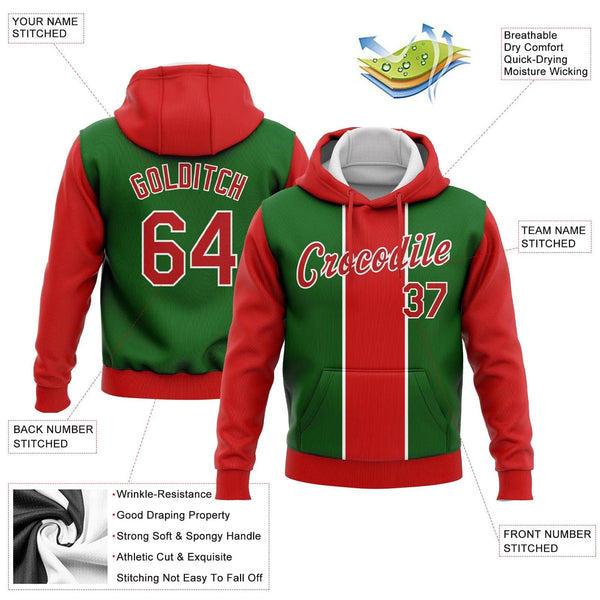 Kelly Green Red White 3D Holiday Hoodie, Custom Christmas Sports Hoodie, Personalized Name and Number Sweatshirt, Team Fan Pu