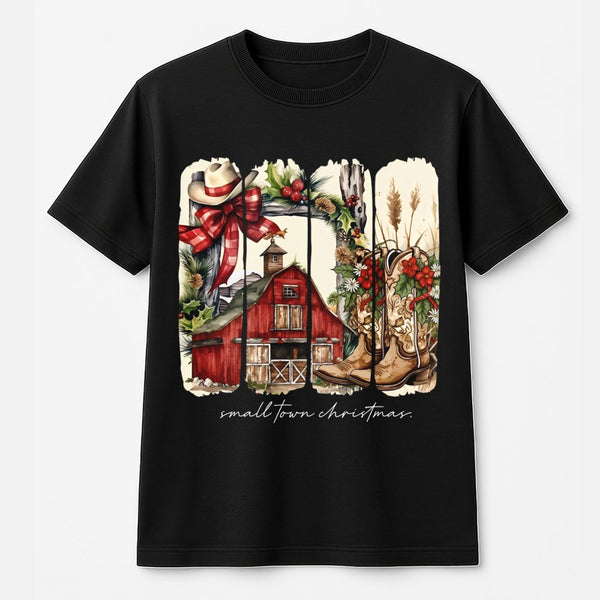Rustic Western Barn Cowgirl Holiday Shirt, Small Town Christmas T-Shirt, Vintage Country Xmas Graphic Tee, Southern Winter T-