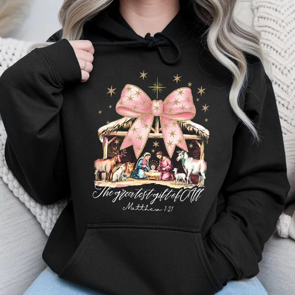 The Greatest Present of All Hoodie, Nativity Scene Hoodie, Christian Bow Graphic Hooded Sweatshirt, Religious Christmas Pullo
