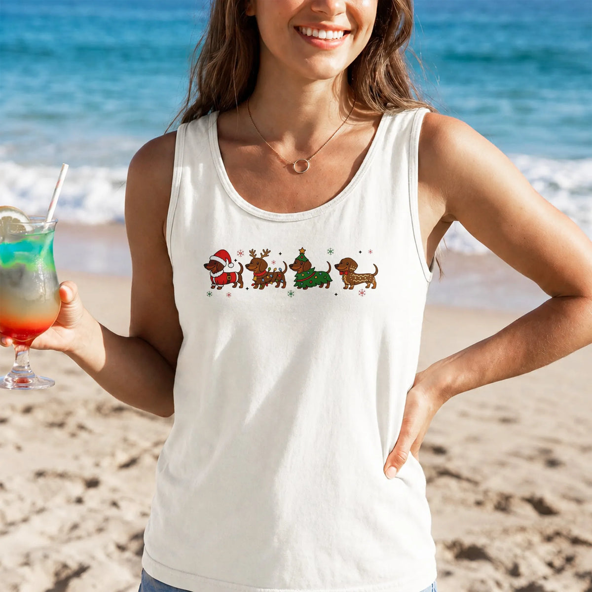 Wiener Dog Santa Hat Tank, Christmas Dachshund Tank Top, Holiday Dog Lover Sleeveless Tee, Retro Xmas Dachshund Tank Top, Dog