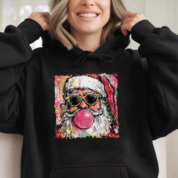 Humorous Cool Santa Hooded Sweatshirt, Bubble Gum Santa Claus Hoodie, Retro Christmas Santa Hoodie, Graphic Holiday Pullover 