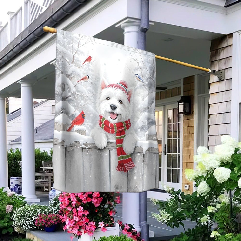 Winter Cardinal House Flag, Westie Dog House Flag, Christmas Dog House Flag, Snow Scene Garden Flag, Dog Lover Holiday Yard B