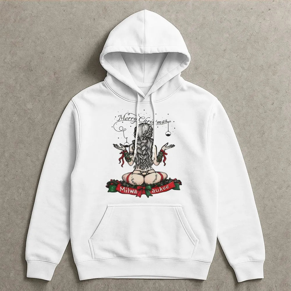 Risque Pin-Up Holiday Graphic Sweatshirt, Milwaukee Christmas Hoodie, Humorous Tool Enthusiast Xmas Pullover, Retro Mechanic 