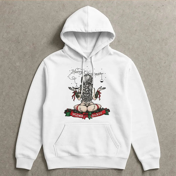Risque Pin-Up Holiday Graphic Sweatshirt, Milwaukee Christmas Hoodie, Humorous Tool Enthusiast Xmas Pullover, Retro Mechanic 