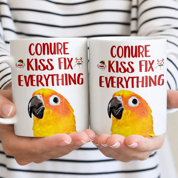Adorable Christmas Parrot Coffee Cup, Sun Conure Kisses Fix Everything Ceramic Mug, Bird Mom Bird Dad Mug, Tropical Pet Bird 
