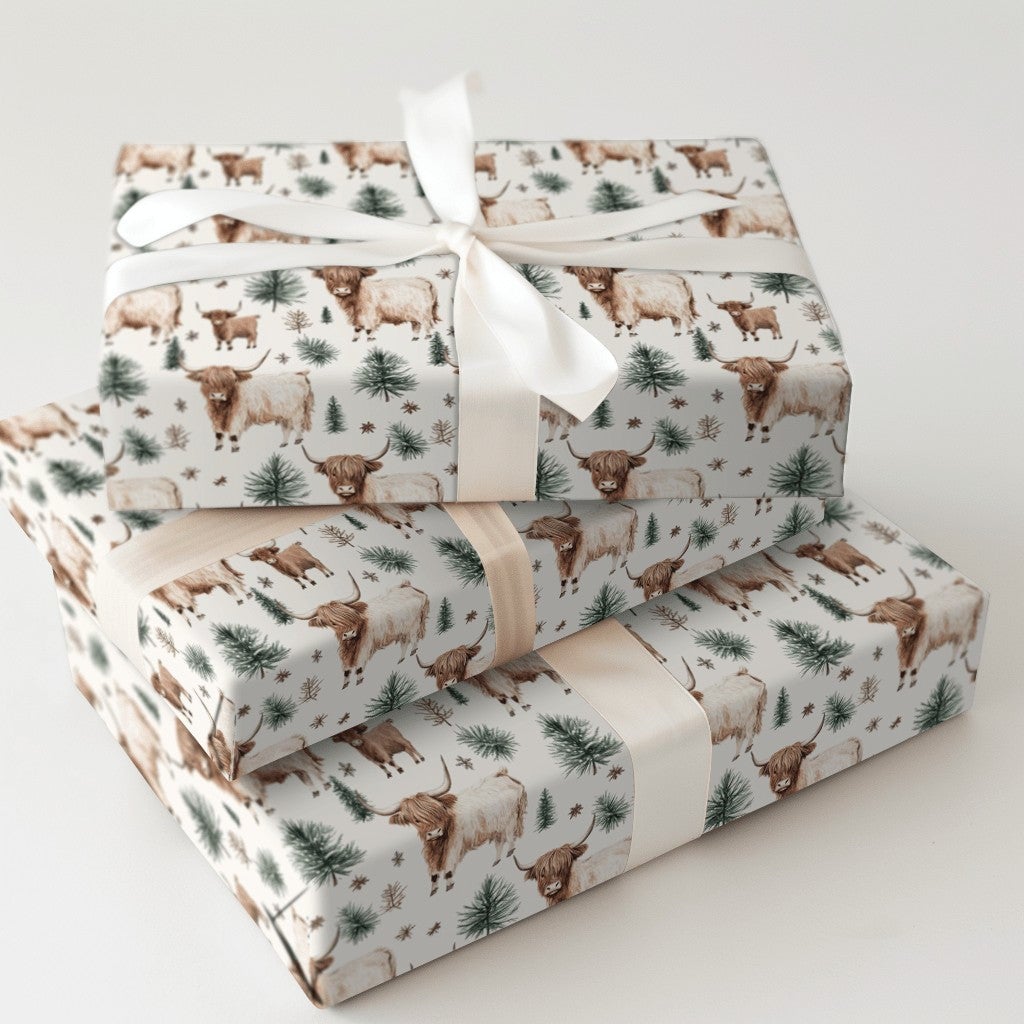 Rustic Winter Calf Gift Wrap, Highland Cow Christmas Wrapping Paper, Farmhouse Pine Tree Wrapping Paper, Watercolor Cow Holid
