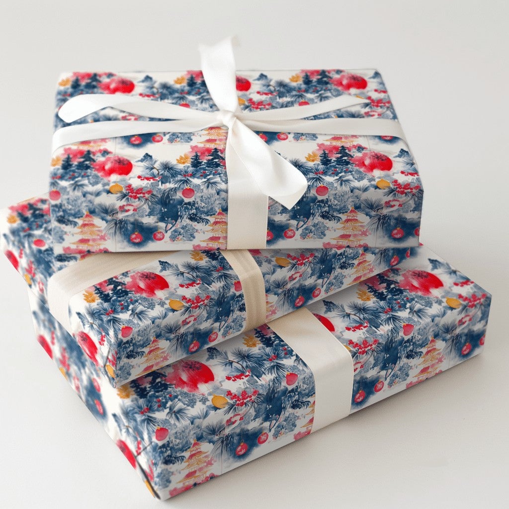 Asian Pagoda Holiday Gift Wrap, Chinoiserie Christmas Wrapping Paper, Fu Character Wrapping Paper, Winter Pine Tree Holiday W