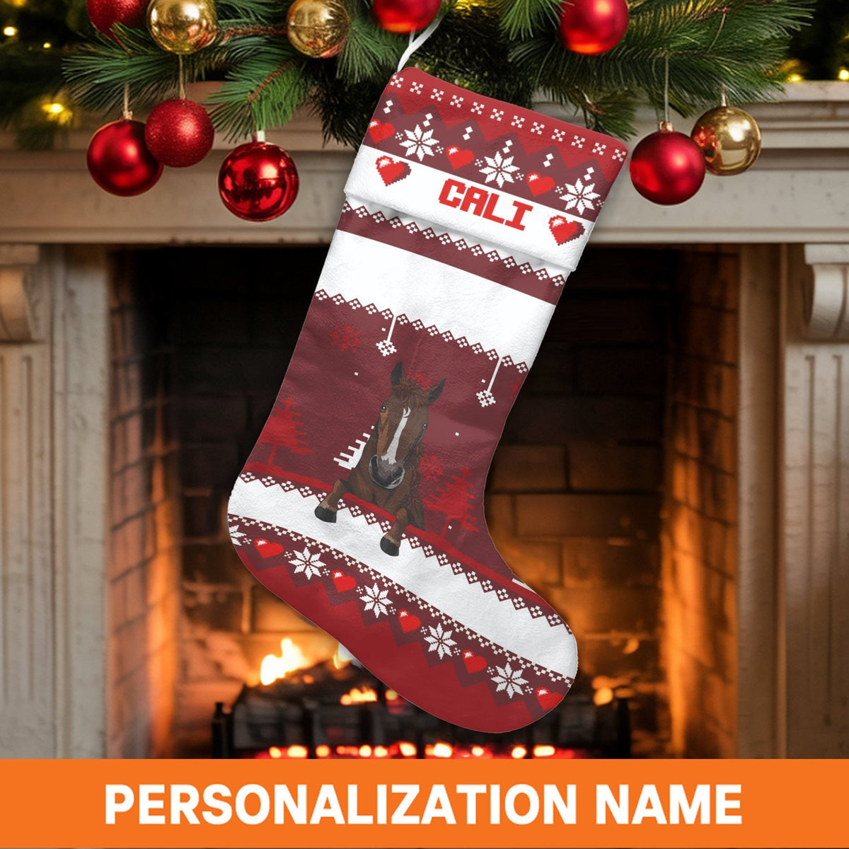 Custom Name Holiday Stocking, Personalized Horse Christmas Stocking, Velboa Equestrian Xmas Stocking, Horse Lover Fireplace M