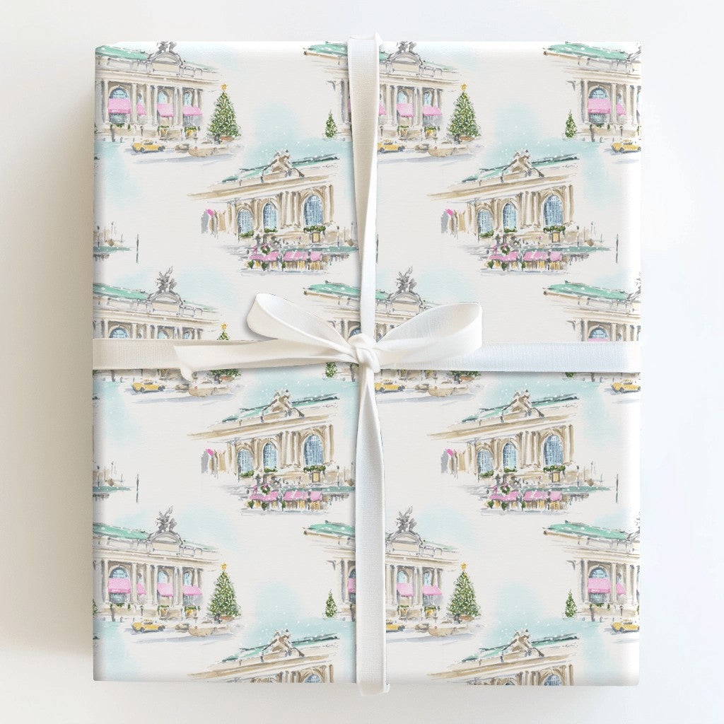 Watercolor New York Christmas Wrapping Paper, NYC Grand Central Gift Wrap, Snowy City Yellow Cab Gift Wrapping Paper, Holiday