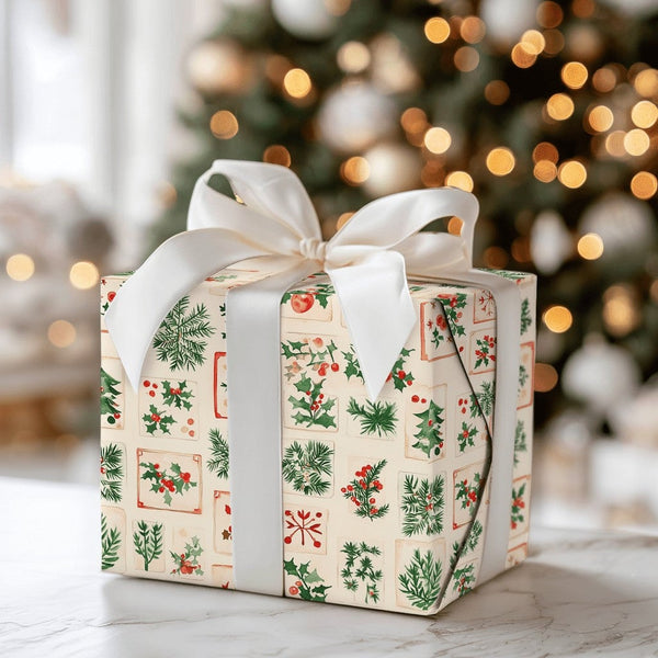Holly Pine Gift Wrap, Vintage Botanical Christmas Wrapping Paper, Rustic Holiday Tile Wrapping Paper, Traditional Xmas Gift W