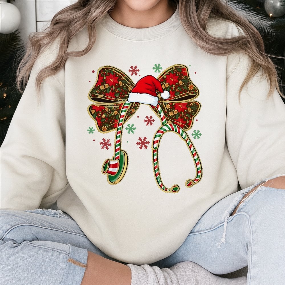 Coquette Bow Stethoscope Crewneck, Christmas Nurse Sweatshirt, Adorable RN Nursing Holiday Sweater, Medical Hospital Staff Xm
