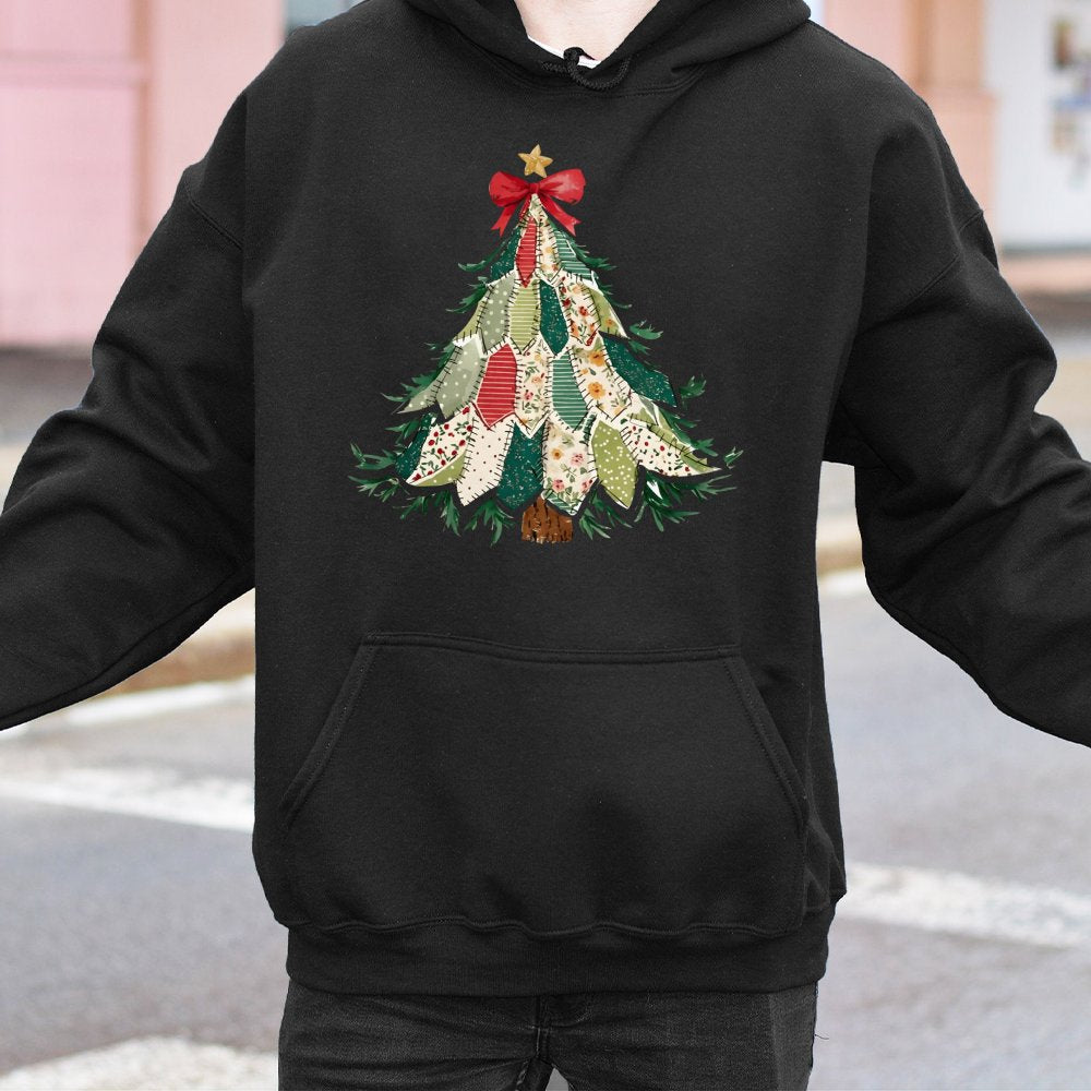 Quilted Style Holiday Graphic Sweatshirt, Patchwork Christmas Tree Hoodie, Comfy Rustic Pine Tree Pullover, Winter Aesthetic 