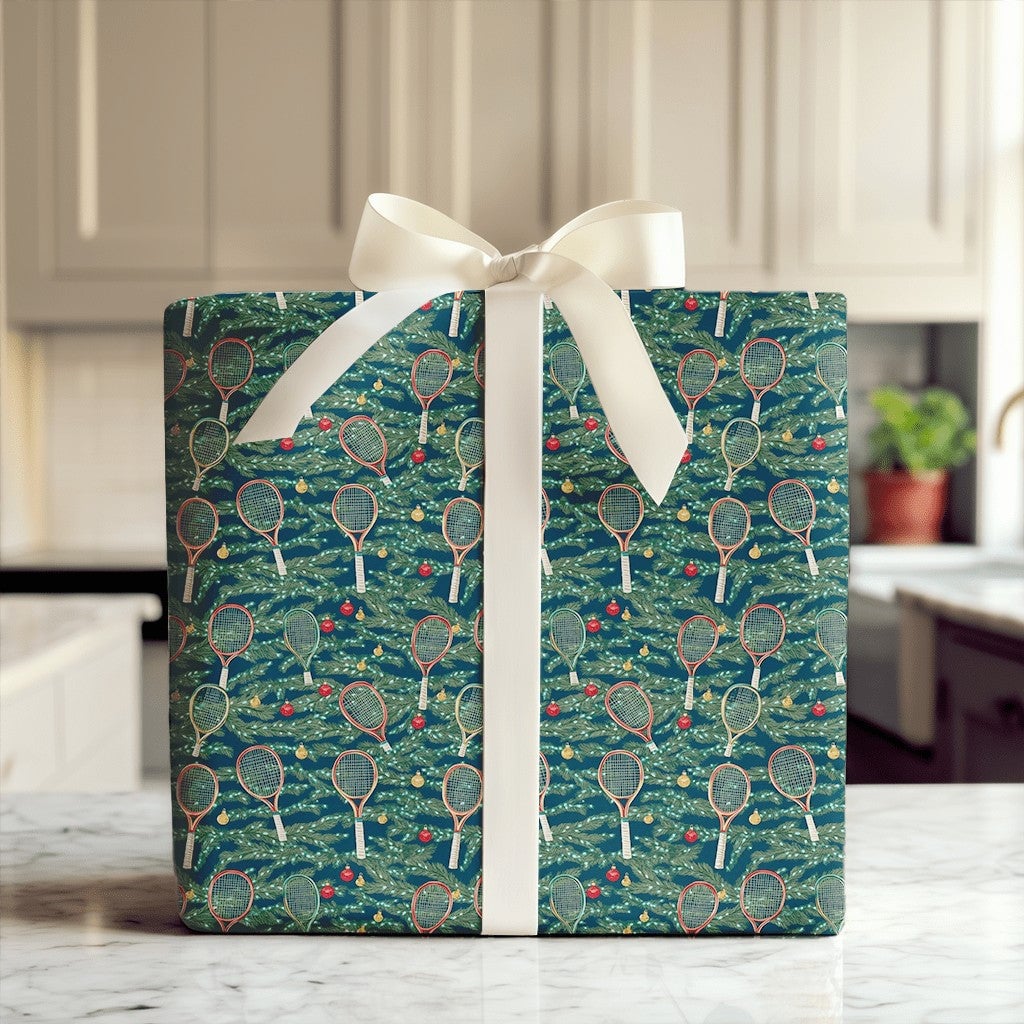 Racket and Ornament Gift Wrap, Tennis Christmas Wrapping Paper, Festive Sports Holiday Wrapping Paper, Tennis Player Xmas Gif