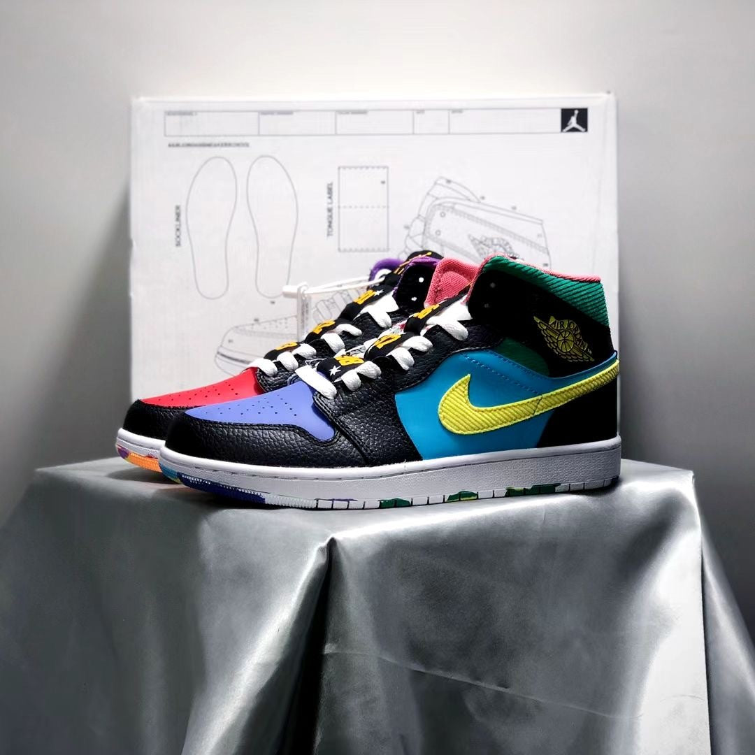 Mid Top Sneakers, Blue Yellow Black Colorway, Mismatched Colorway, Lace Up Design, Casual Gift for Sneaker Fans