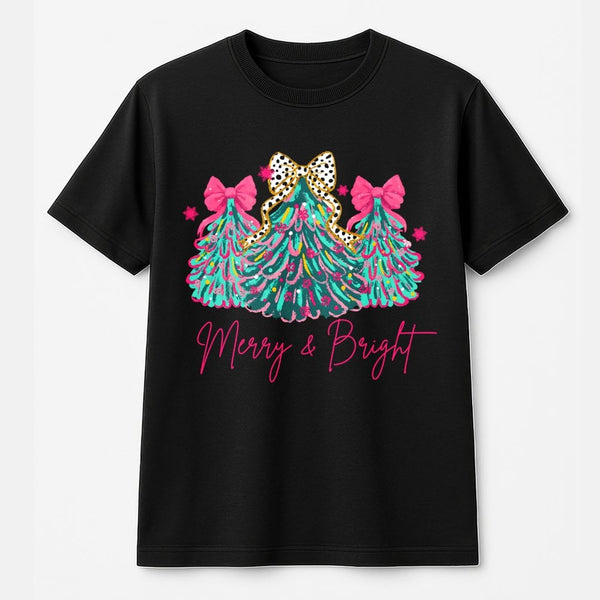 Pink Bow Holiday Tree Graphic Tee, Merry and Bright Christmas T-Shirt, Coquette Christmas Tree Shirt, Adorable Festive Xmas P