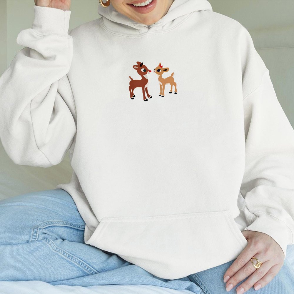 Minimalist Holiday Hooded Sweatshirt, Reindeer Couple Christmas Hoodie, Adorable Xmas Winter Pullover, Matching Couple Christ