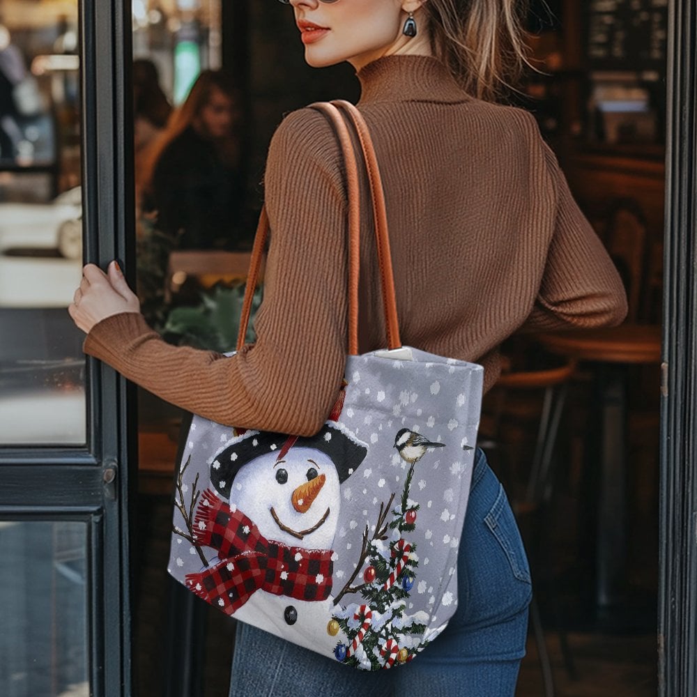 Winter Holiday Tree Tote Bag, Christmas Snowman and Cardinal Tote Bag, Festive Seasonal Shoulder Tote Bag, Large Daily Handba