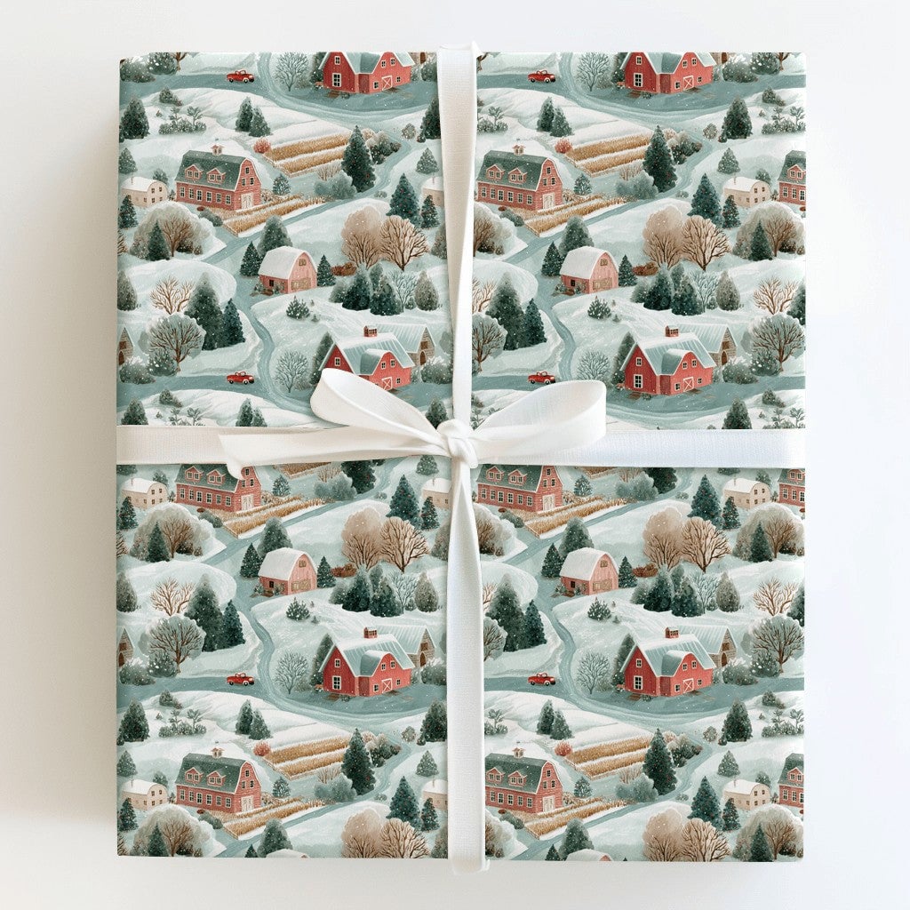 Rustic Farmhouse Gift Wrap, Winter Barn Christmas Wrapping Paper, Snowy Village Holiday Wrapping Paper, Country Landscape Pre
