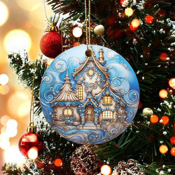 Blue and White Cottage Ornament, Whimsical Winter House Ornament, Comfy Cabin Ceramic Ornament, Holiday Tree Decor, Christmas