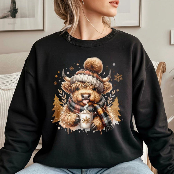 Adorable Cow Christmas Sweater, Highland Cow Christmas Sweatshirt, Winter Highland Cow Pullover, Farm Animal Holiday Crewneck