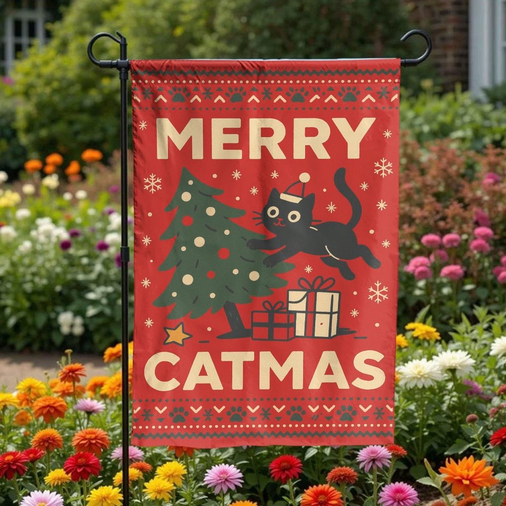 Humorous Black Cat Christmas Garden Flag, Merry Catmas Garden Flag, Holiday Kitten Garden Flag, Winter Xmas Yard Banner, Cat 