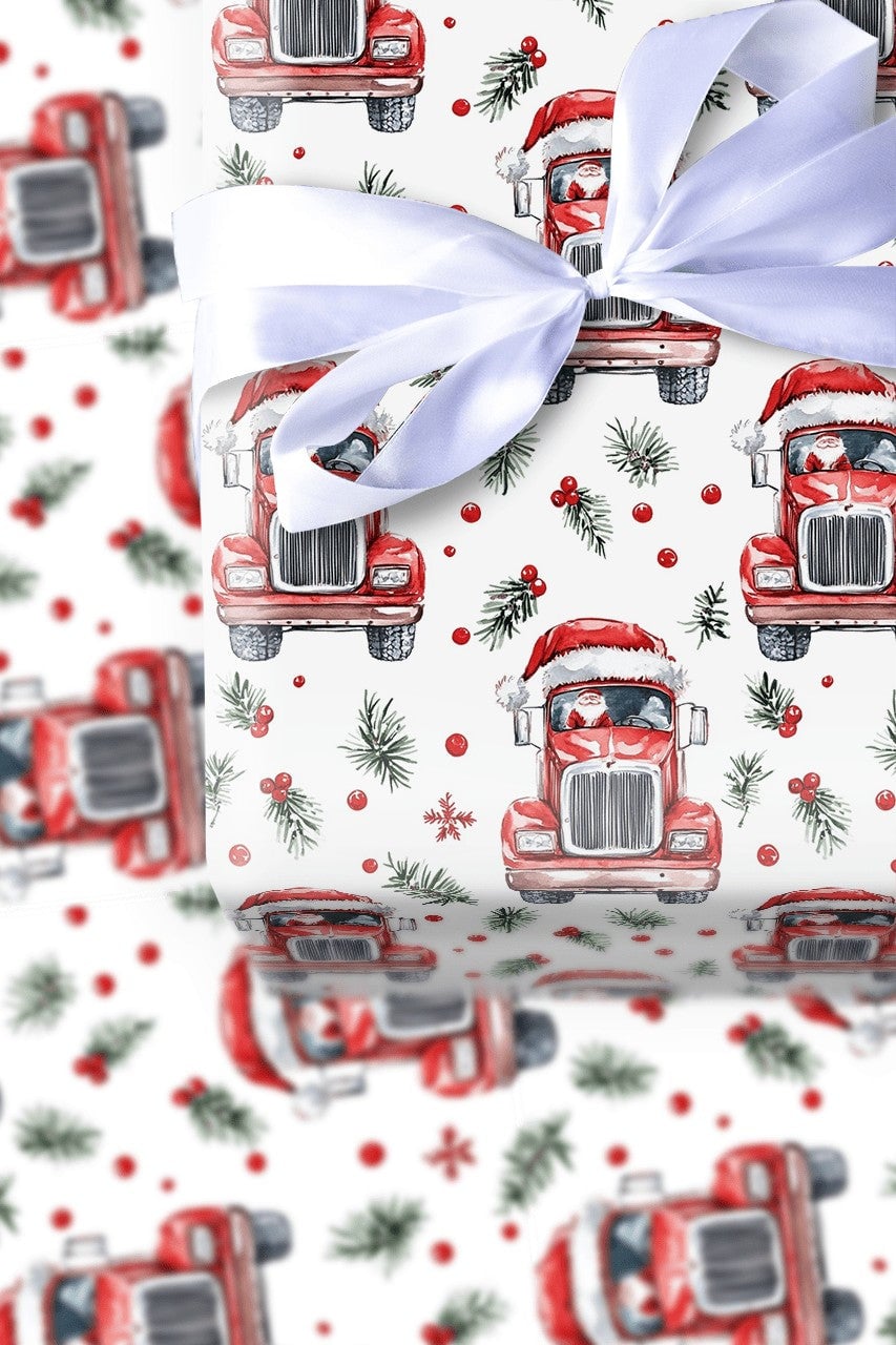 Christmas Trucker Gift Wrap, Santa Driving Semi Truck Wrapping Paper, Holiday Truck Driver Wrapping Paper Rolls, Festive Xmas