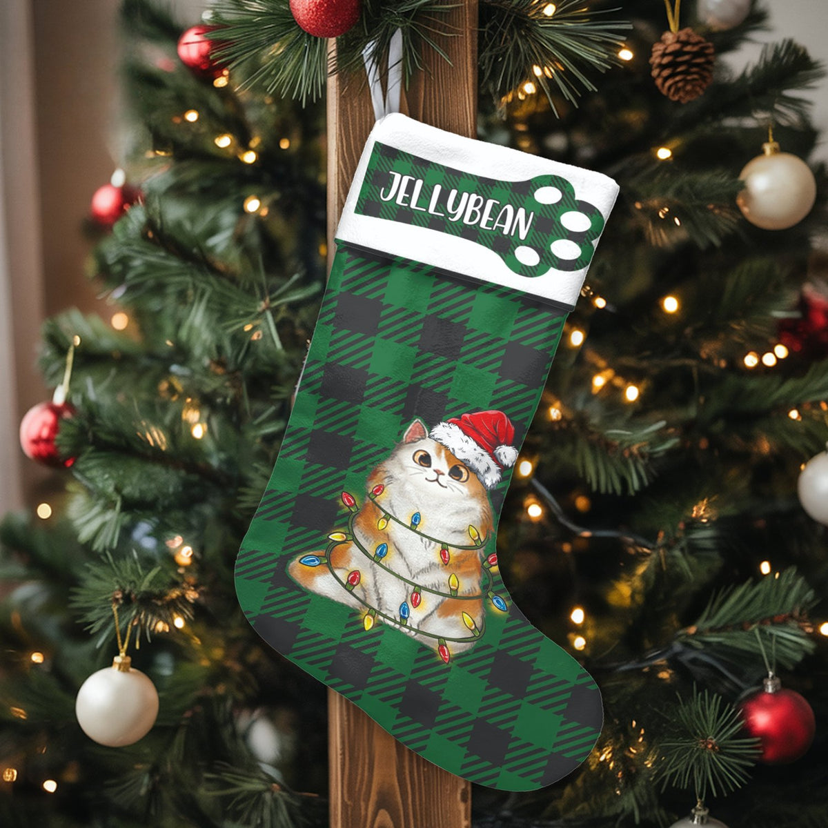 Custom Buffalo Plaid Kitty Stocking, Personalized Cat Christmas Stocking, Adorable Pet Holiday Stocking, Cat Lover Christmas 