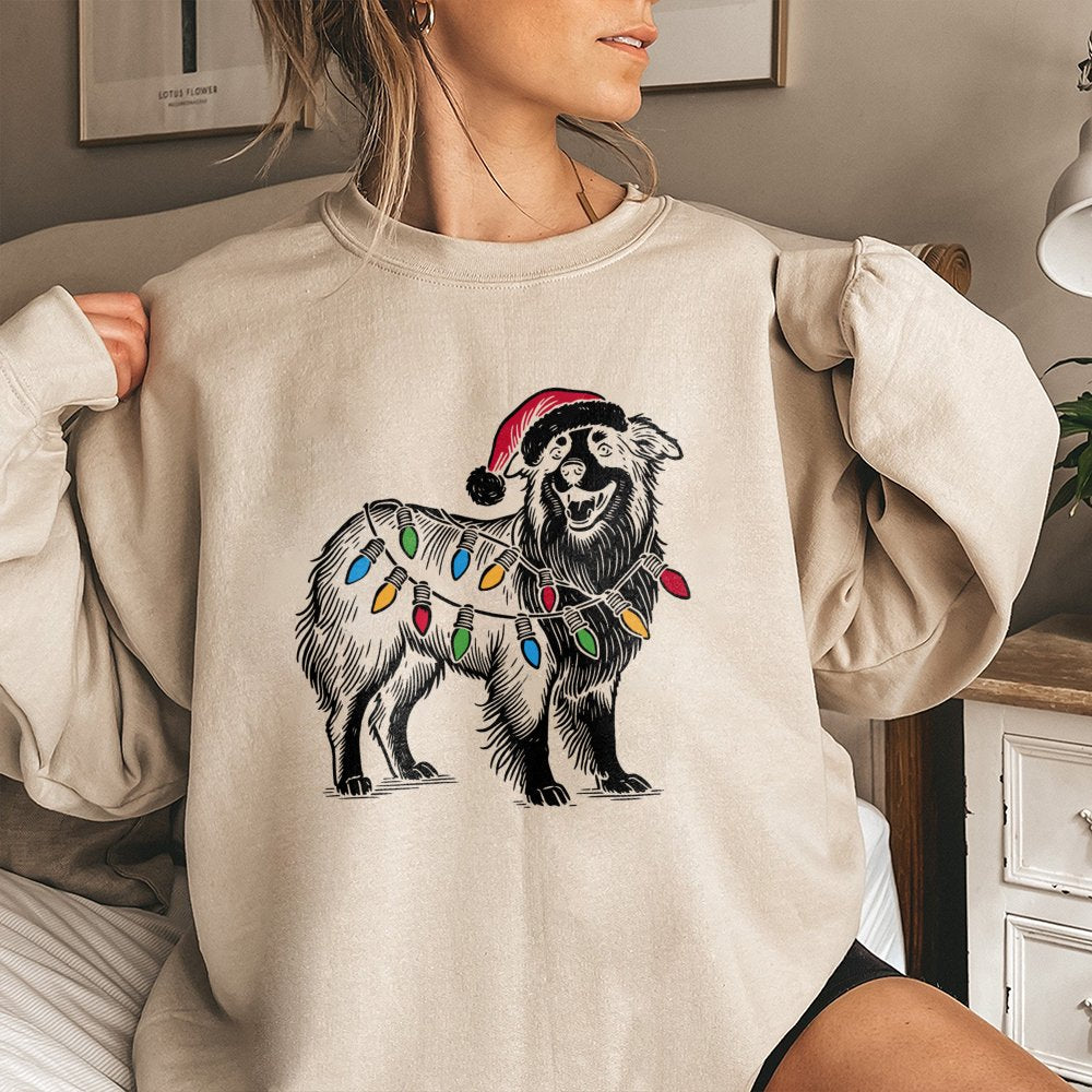 Aussie Santa Lights Sweatshirt, Australian Shepherd Christmas Sweatshirt, Adorable Shepherd Dog Holiday Sweater, Pet Lover Xm